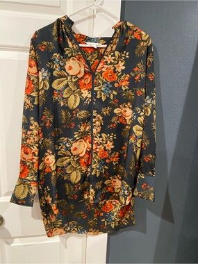 H&M Navy Floral Long-Sleeve Blouse with Orange and Blue Accents